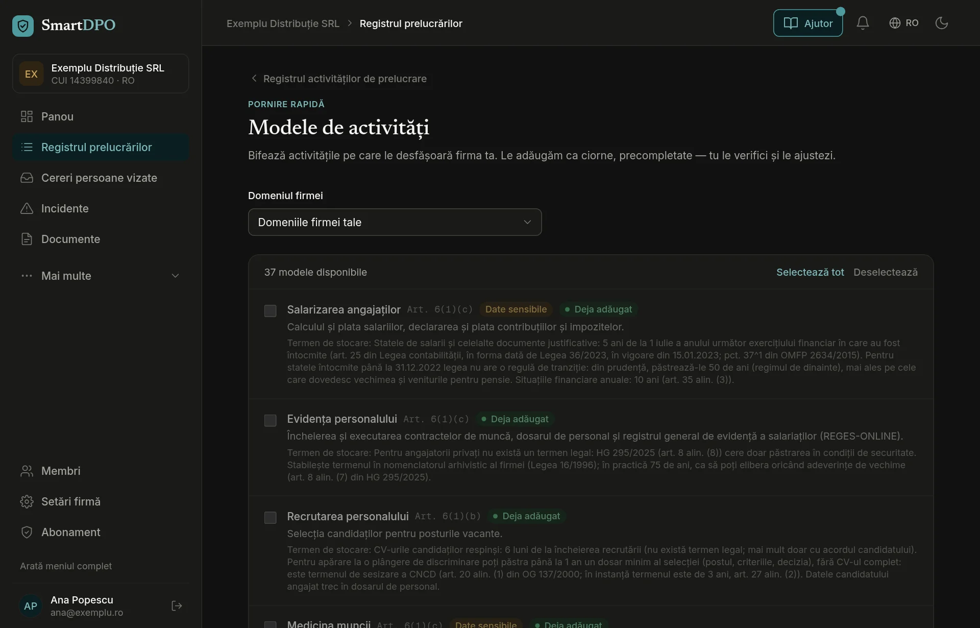 Modelele de activități pentru domeniul firmei, cu temeiul legal și termenul de păstrare deja completate