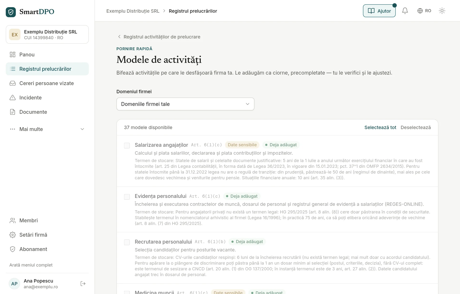 Modelele de activități pentru domeniul firmei, cu temeiul legal și termenul de păstrare deja completate